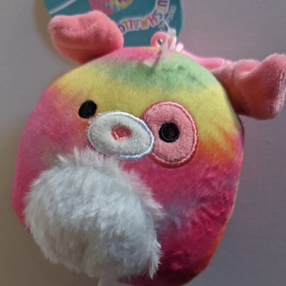 NWT 3.5" Shena Pink Tye Die Dog Purse Clip Squishmallows Fuzzy Puppy Rainbow NEW - Picture 1 of 7